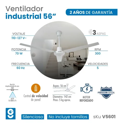 Imagen de VENTILADOR INDUSTRIAL DE 56" 70w 127v BLANCO IGOTO (emplayado)