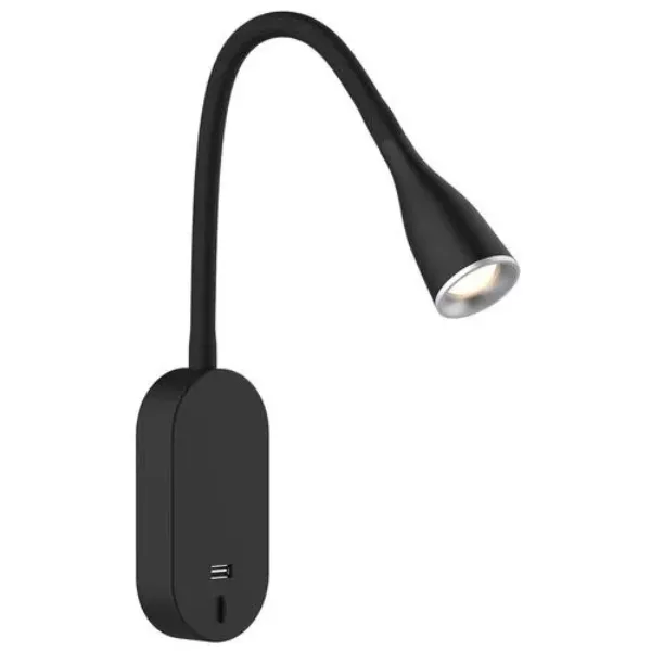 LUMINARIA LED DE PARED 1X4W FLEXIBLE CARGA USB NEGRO COMERCIAL 2G